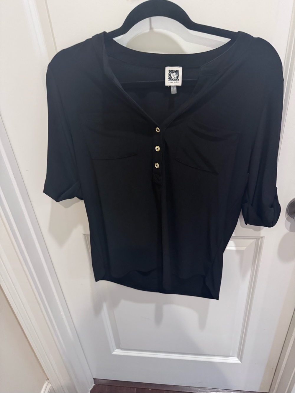 Anne Klein Black Henley Blouse with Roll Tabs